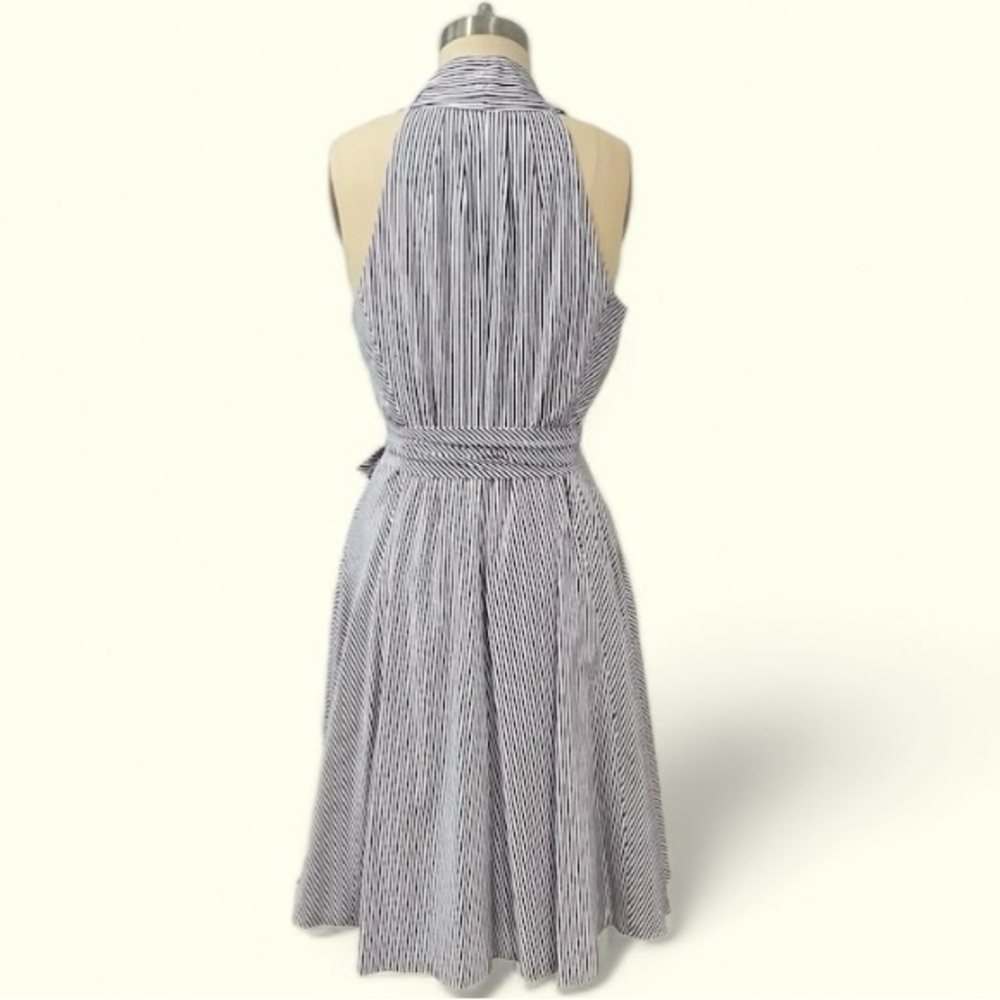 Blue and white racerback pinstriped sundress, full skirt belted tie waist - Picture 4 of 5
